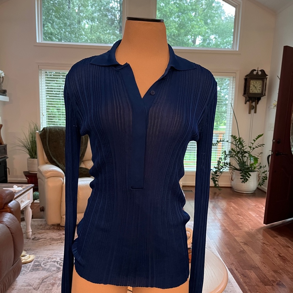 Nina Ricci Retro Ribbed Knit Polo Shirt in Cobalt Blue L/S Paris size M as new